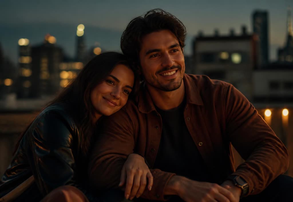 A couple sitting together at dusk above the city