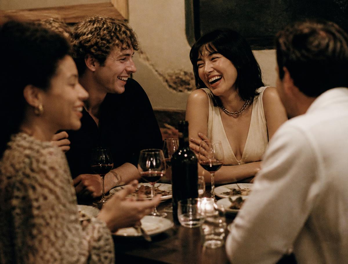 Friends laughing together over dinner